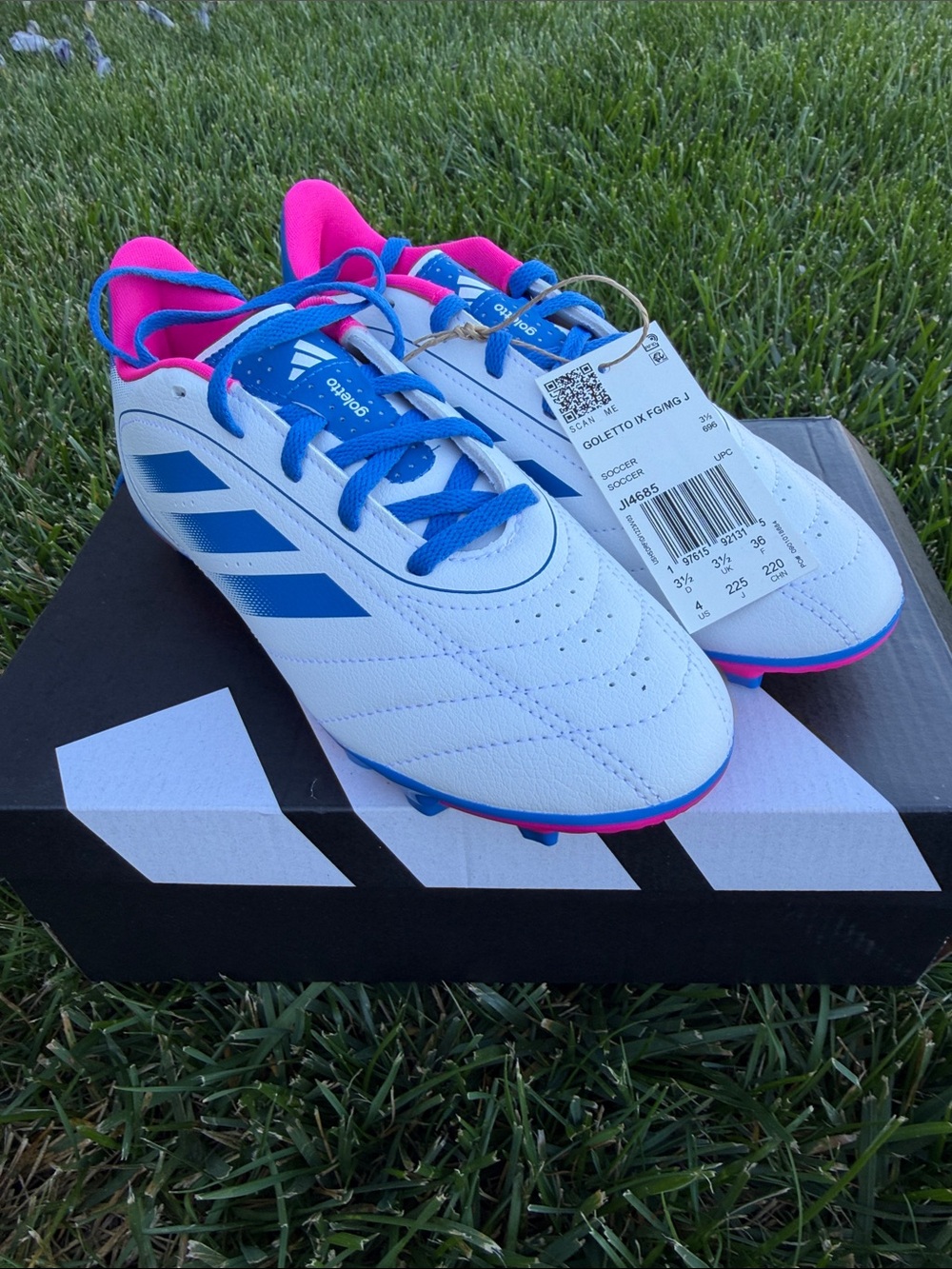 adidas Kids White Sneakers with Blue Stripes and Pink Accents